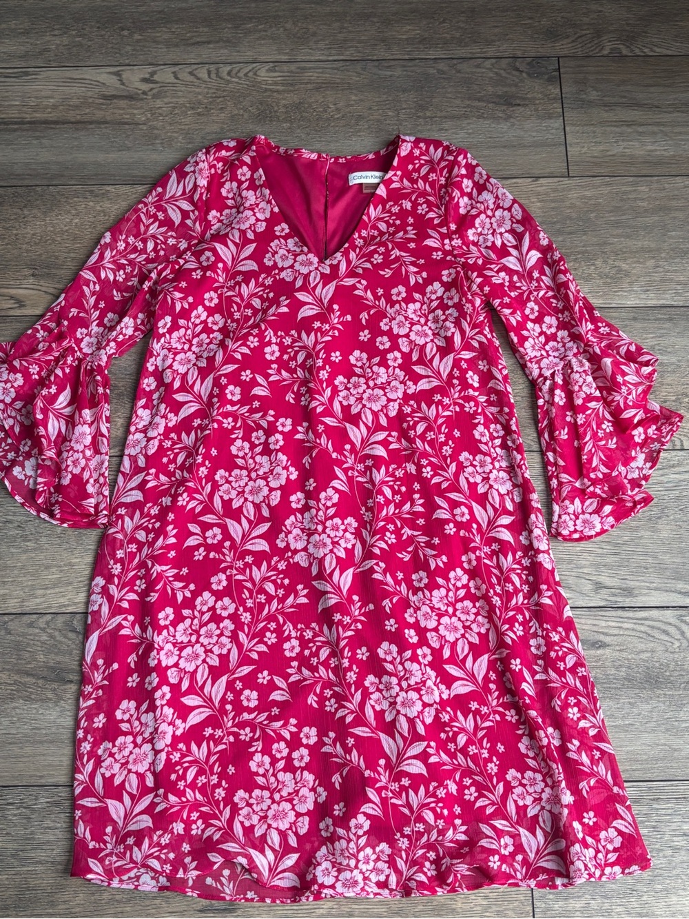Calvin Klein Pink White Chiffon Floral A-Line Ruffle Bell Sleeve Dress Sz 2